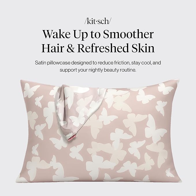 Kitsch Satin Pillowcase with Zipper for Hair & Skin - Softer Than Silk Pillow Cases, Cooling Satin Pillow Case, Wrinkle-Free, Machine Washable, Pillow Cases Standard Size 19x26 - Champagne Butterfly