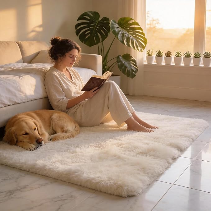 Shag Cream Rug 5x7 Area Rugs for Bedroom Living Room - Non Slip Ultra Soft Large Fluffy Fuzzy Shag Plush Shaggy Furry Rug for Dorm Kids Room Nursery Playroom, Home Office Modern Carpet Decor