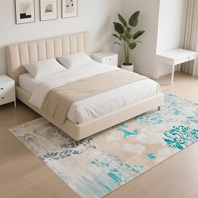 CRYPTOLITE Abstract Area Rug 5x7 Washable Rug with Non-Slip Backing Low Pile Area Rug Area Rugs for Living Room, Bedroom, Dining Room, Beige