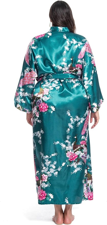Women's Floral Long Satin Robes Plus Size Long Silk Robes Peacock Floral Kimonos Sleepwear Dressing Gown