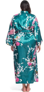 Women's Floral Long Satin Robes Plus Size Long Silk Robes Peacock Floral Kimonos Sleepwear Dressing Gown