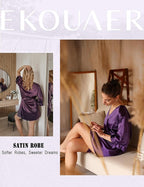 Ekouaer Women's Satin Robe Valentines Lingerie for Women Kimono Bathrobe Short Ruffle Belted Robes Bridesmaids Sleepwear