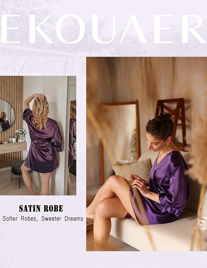 Ekouaer Women's Satin Robe Valentines Lingerie for Women Kimono Bathrobe Short Ruffle Belted Robes Bridesmaids Sleepwear