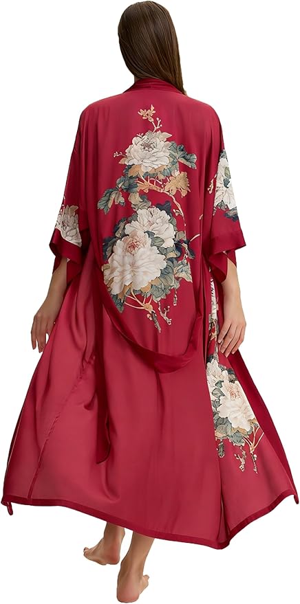 Kihnop Women's Floral Long Kimono Robe Long Satin Robe Long Silk Robe Ladies Kimonos Silky Bathrobe Cover Up, One Size