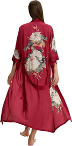 Kihnop Women's Floral Long Kimono Robe Long Satin Robe Long Silk Robe Ladies Kimonos Silky Bathrobe Cover Up, One Size
