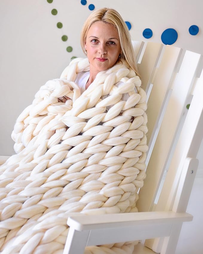 Chunky Knit Blanket, Boho Throw Blanket for Couch, Throw Blanket Knit Bed Scarf, Knitted Blanket, Supernatural Blanket, Wool Blanket for Home Decor or Gifts (Vanilla, 54"x75")