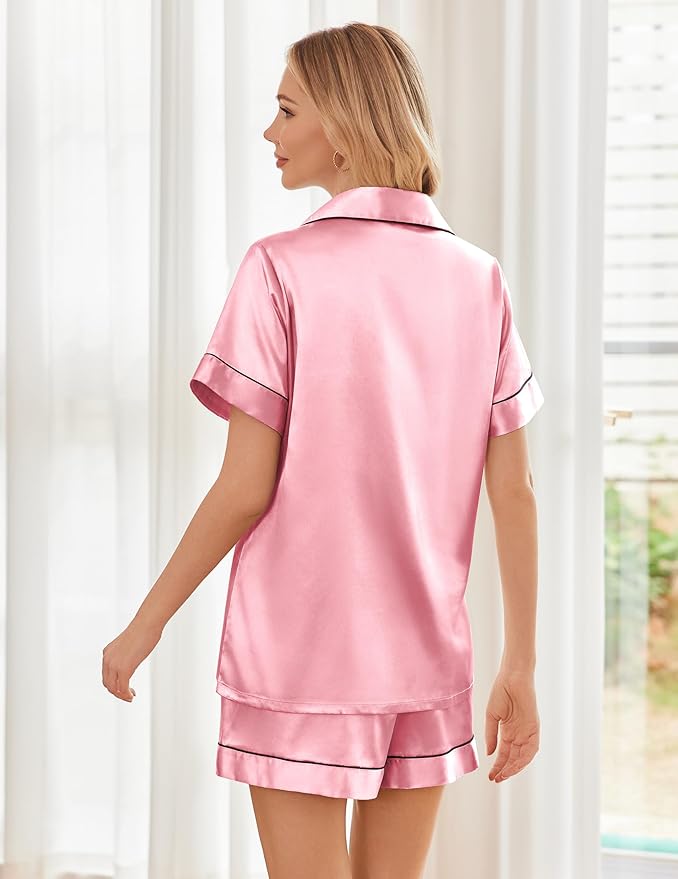 Ekouaer Womens Silk Satin Pajama Sets Soft Short Sleeve Button Down Sleepwear Top and Shorts 2 Piece Pjs Lounge Set