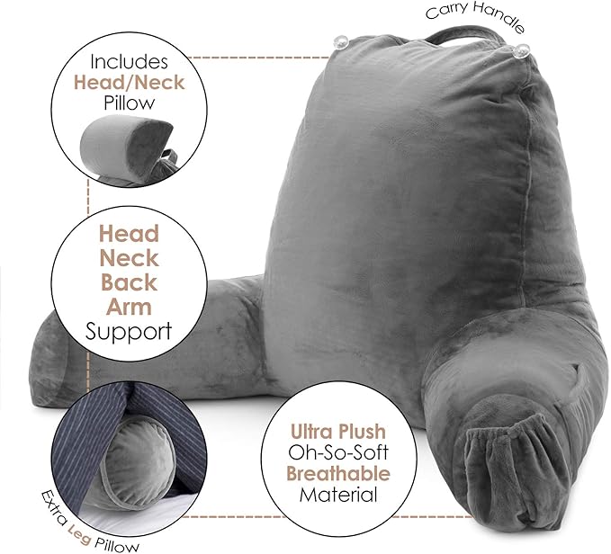Clara Clark Reading Pillow with Shredded Memory Foam Includes 2 Neck and Lumber Support Pillows, Designed for Sitting Up in Bed and Couch, Back and Arms Adjustable Support for Adults & Teens, Grey
