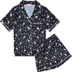 QPANCY Kids Satin Pajamas Sets Baby Boy Girl Button-Down Silk Sleepwear 2 Piece Short Sleeve Loungewear Clothes Set