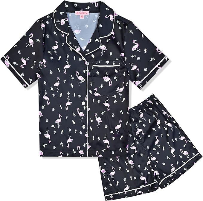 QPANCY Kids Satin Pajamas Sets Baby Boy Girl Button-Down Silk Sleepwear 2 Piece Short Sleeve Loungewear Clothes Set