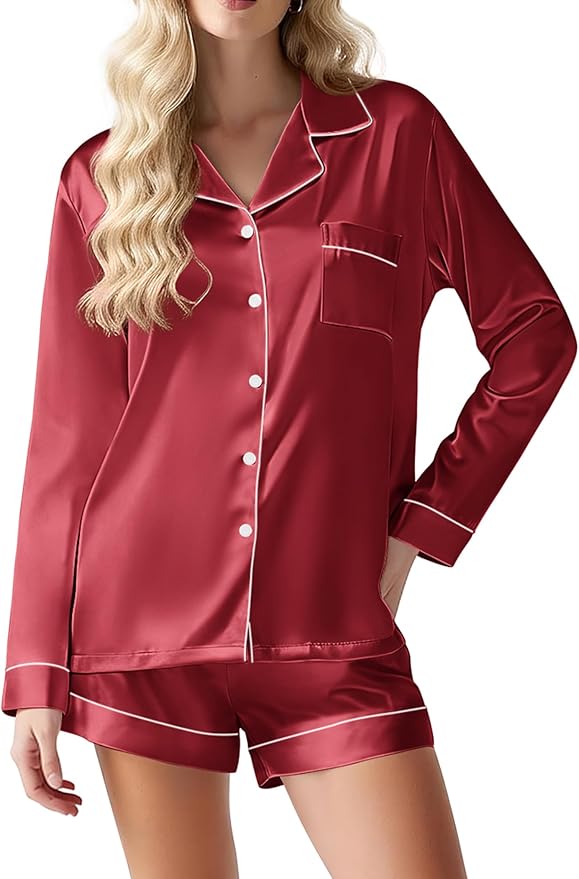 Ekouaer Satin Pajama Set for Women Button Down Pj Set Long Sleeve Top and Shorts 2 Piece Loungewear Summer Soft Sleepwear