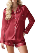 Ekouaer Satin Pajama Set for Women Button Down Pj Set Long Sleeve Top and Shorts 2 Piece Loungewear Summer Soft Sleepwear