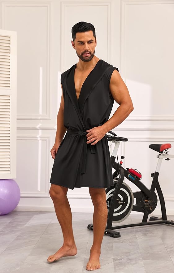 VintageClothing Men's Summer Robe with Hooded Lightweight Bathrobe House Kimono Sleeveless Sexy Sleepwear Pajamas