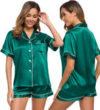 SWOMOG Womens Silk Satin Pajamas Set Short Sleeve Sleepwear Button Down Top and Shorts Loungewear 2 Piece Pjs Set XS-3XL