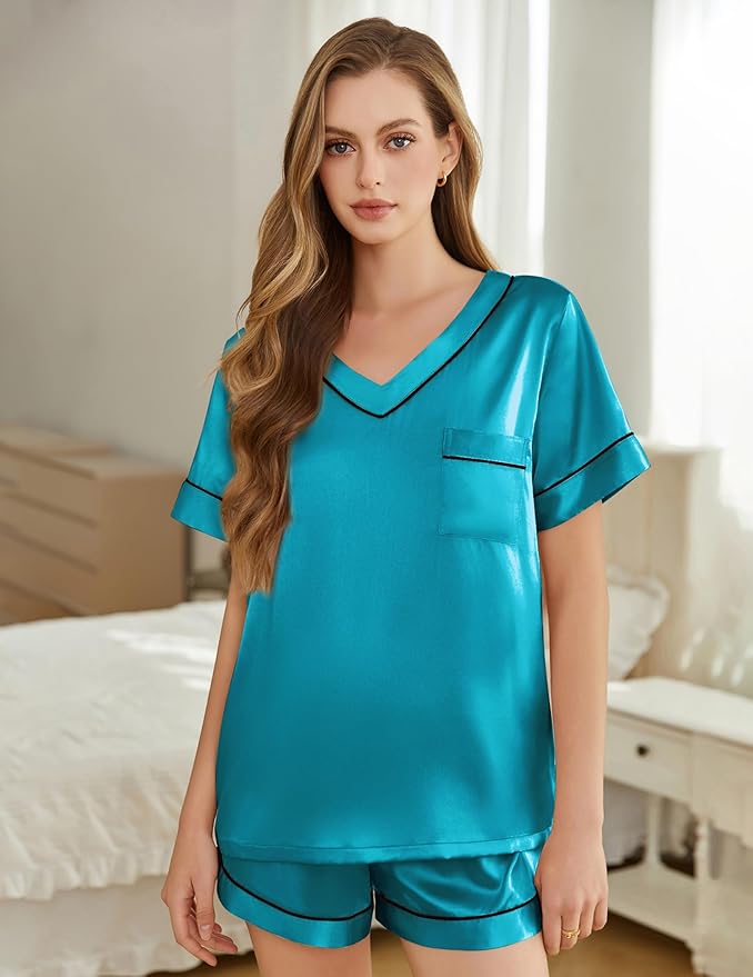 Silk Pajamas for Women Short Sleeve Satin 2 Piece Pj Set Soft V Neck Sleepwear Loungewear, S-XXL