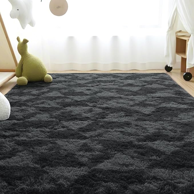 ISEAU 9x12 Area Rug for Living Room, Dark Grey Geometric Pattern Plush Rug for Bedroom, Kitchen, Soft Shaggy Carpets, Fluffy and Machine Washable Mats, Nursery Floors Mat, Boys Room Carpet Decor
