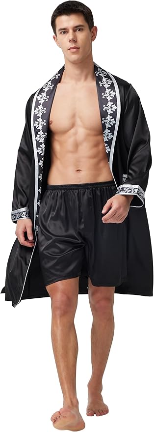Tony & Candice Men's Satin Robe Lightweight Long Sleeve Silk Kimono Bathrobe with Shorts Set Sleepwear