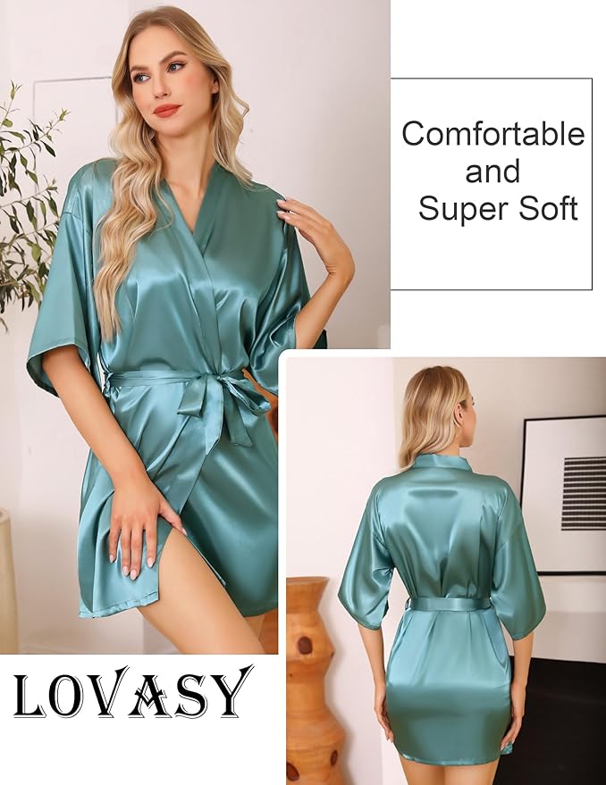 Lovasy Women's Satin Robes Silky Short Robe Lightweight Sleepwear Bride Bridesmaids Bathrobes Dressing Gowns Loungewear S-XXL