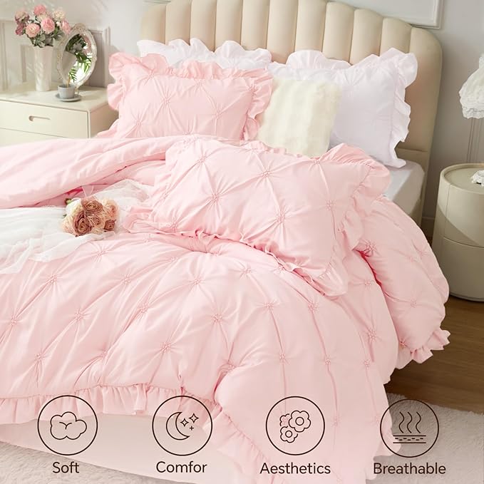 BEDELITE Baby Pink Twin Comforter Set - 2 Peices Boho Ruffle Pintuck Bedding Comforter Sets, Lightweight Soft & Warm Twin Bedding Sets with 1 Pillowcase for All Season
