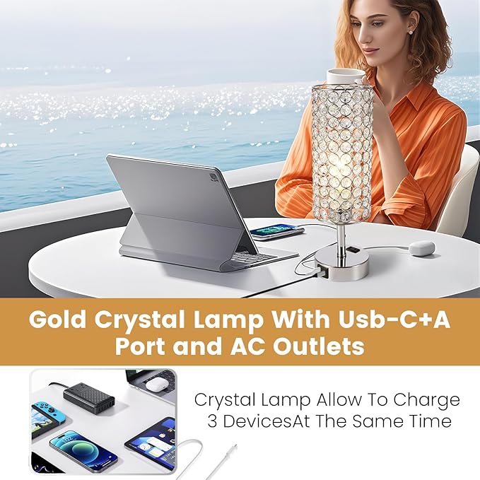 Crystal Table Lamp Touch Table Light Chrome Dimmable USB Charging Modern Bedside Lamps for Bedroom Night Stands Living Room (Bulb Included)