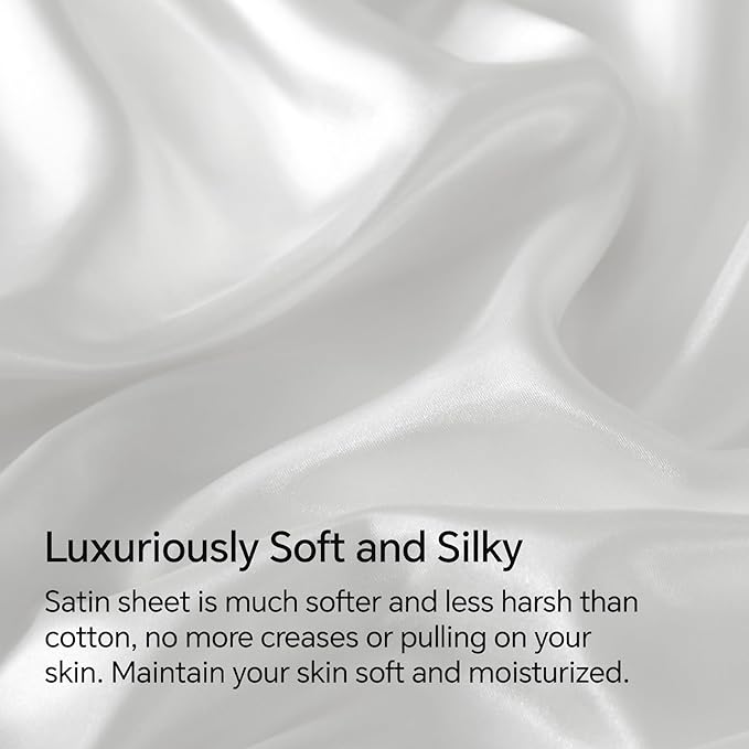 BEDELITE Satin Sheets Twin XL Size Bed Set, Luxury Soft White Silky Sheets for Hair and Skin, Similar to Silk Bed Sheets Set 3 Pieces （1 Deep Pocket Fitted Sheet, 1 Flat Sheet, and 1 Pillowcase）