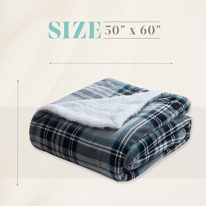 Elegant Comfort Throw Blanket, Reversible Sherpa Flannel, Ultra-Soft, Fuzzy, Cozy and Plush- All Season Lightweight Decorative Throw, 50 x 60 inches, Plaid Design Sherpa Throw, Silver Gray