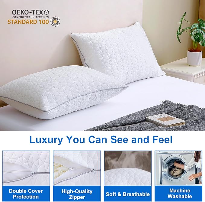 Cooling Pillows Standard Size Set of 4, Shredded Memory Foam Pillows, Adjustable Firm Bed Pillows Cool Cold Pillow for Hot Side Back Stomach Sleepers with Removable Washable Cover, 20" x 26", White