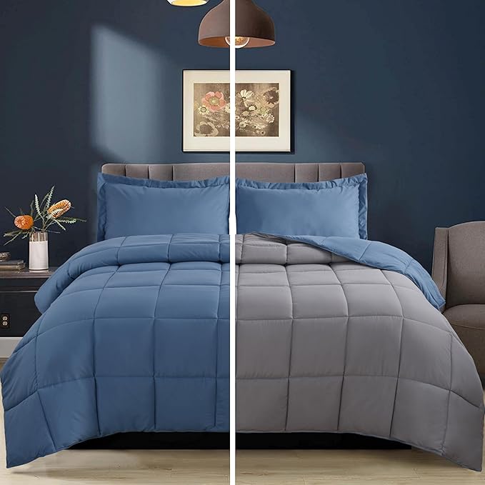 HIG 3pc Dusty Blue Full Size Comforter Set - All Season Reversible Down Alternative Comforter with Two Shams - Quilted Duvet Insert with Corner Tabs - Box Stitched Blanket - Breathable, Soft, Fluffy