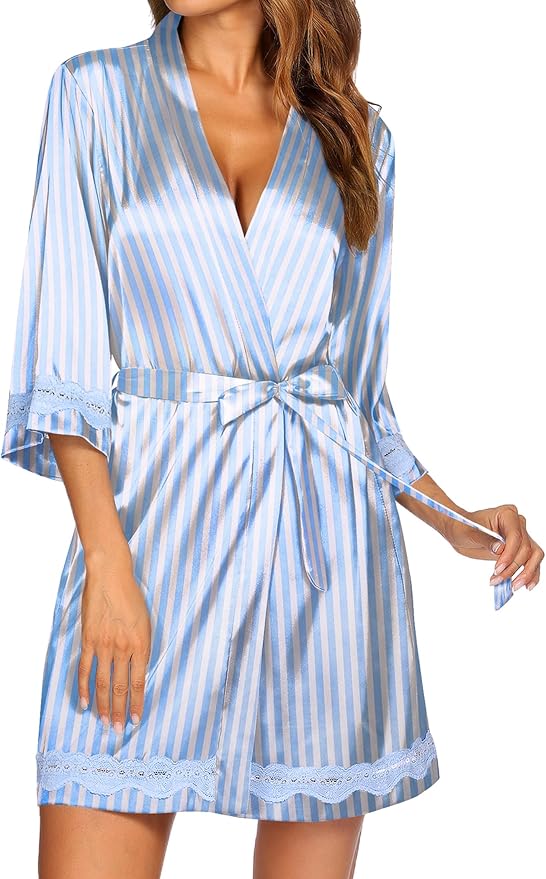 Ekouaer Women's Lace-Trim Silk Robes Bride Bridesmaid Kimono Satin Bathrobe V Neck Sleepwear with 3/4 Sleeve