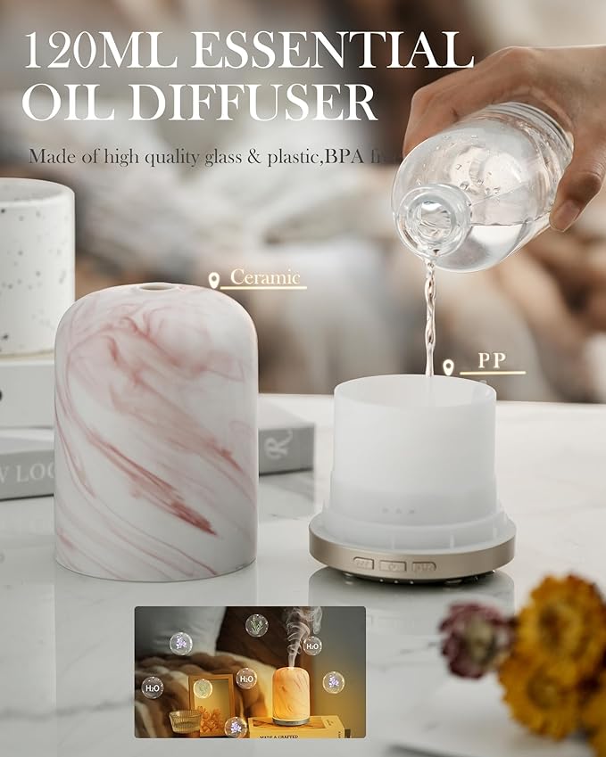 Onaboviva Essential Oil Diffuser - 2.4MHz Ultrasonic Ceramic Diffuser for Home, 120ml, Pulse&Continuous Mist, Bright/Dim/Breathing Lighting, Waterless Auto-Off, Aromatherapy Diffuser with USB Cable