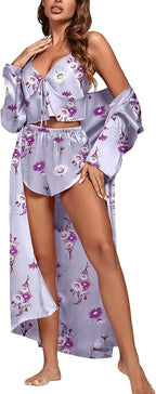 OPOIPIN Women's 3 Piece Pajama Set Sexy Cami Top and Shorts with Robe Sleepwear Loungewear Set