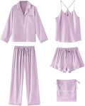 SAPJON Satin Silk Pajamas for Women Set 5PCS Classic Button Down Pajamas Top and Pants Cami and Ruffle Shorts Sleepwear