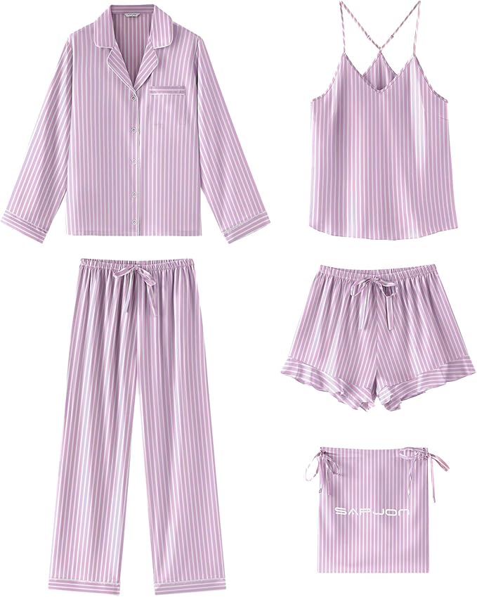 SAPJON Satin Silk Pajamas for Women Set 5PCS Classic Button Down Pajamas Top and Pants Cami and Ruffle Shorts Sleepwear