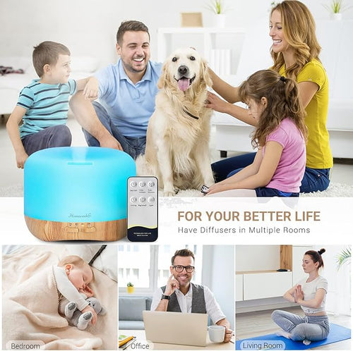 Aromatherapy Essential Oil Diffuser for Room: Colorful Aroma Air Humidifier with Adjustable Cool Mist Mode, Waterless Auto Off Ultrasonic Diffusers for Large Small Room Home Office 500ML