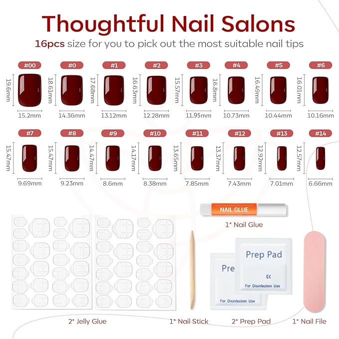 Modelones Press on Nails, Dark Red Short Square Fake Nails, Summer Reusable Nail Kit with Nail Glue Adhesive Tabs Mini Nail File, Nails Press Ons 32Pcs16 Sizes, Women Girl Gift