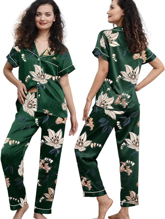 WJing Yi Jia Womens Pajamas Set XS-4XL Floral Silk Satin Pajama Sets Silky Pj Sets 2Pcs Loungewear Sleepwear Button Down Pjs