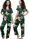 WJing Yi Jia Womens Pajamas Set XS-4XL Floral Silk Satin Pajama Sets Silky Pj Sets 2Pcs Loungewear Sleepwear Button Down Pjs