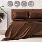 MR&HM Satin Bed Sheets, Twin XL Size Sheets Set, 3 Pcs Silky Bedding Set with 15 Inches Deep Pocket for Mattress (Twin XL, Brown)