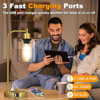 Nintiue Industrial Touch Table Lamps Set of 2-2 USB Ports & AC Outlet Nightstand Lamps, 3-Way Dimmable Bedside Desk Lamp for Living Room Bedroom, Glass Shade & 2 LED Bulbs Included - Brass