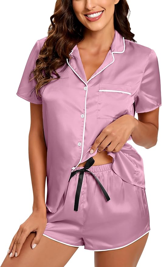 Silk Pajamas for Women Satin Womens PJ Set 2 Piece Short Lounge Set Summer Sleepwear Notch Collar Button-Down Pjs