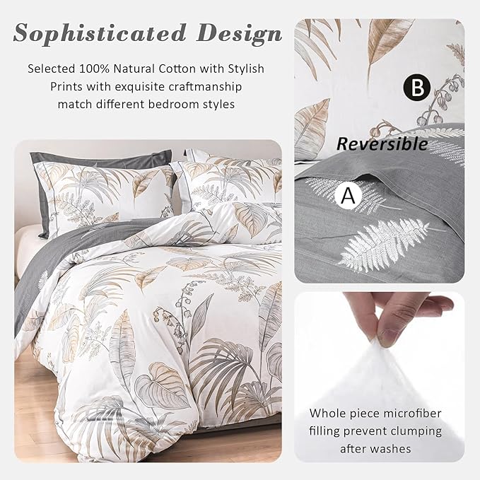 ALEISSEL Natural Cotton 3pcs Floral Comforter Sets King Size-Gray Comforter with Luxurious Brown Branches and Taupe & Gray Leaves on White, Reversible Lightweight Bedding Sets(King 104"×90")