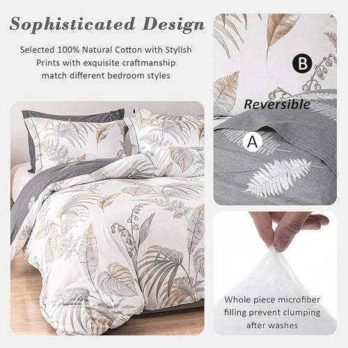 ALEISSEL Natural Cotton 2pcs Floral Comforter Sets Twin Size-Gray Comforter with Luxurious Brown Branches and Taupe & Gray Leaves on White, Reversible Lightweight Bedding Sets(Twin 68"×90")
