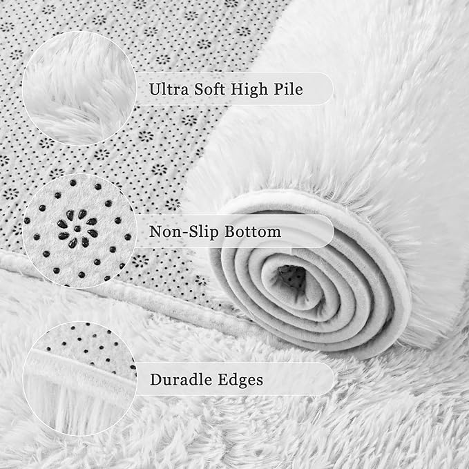 junovo 8x10 White Washable Area Rug for Girls Bedroom Living Room, Soft Non-Slip Fluffy Rugs, Shag Plush Memory Foam Carpet for Kids Room Baby Nursery Home Decor