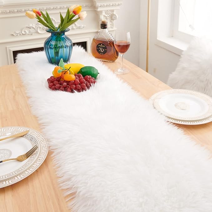 Table Runner, Modern Small White Fur Table Runner for Party Birthday Christmas Friendsgiving Wedding Dinning Table, Decorative Rug Luxury Faux Fur Runner for Table (11.8x70.8 inch)