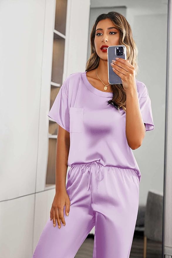 Ekouaer Womens Satin Silky Pajama Set Short Sleeve Shirt with Long Pajama Pant Set Soft PJ Loungewear