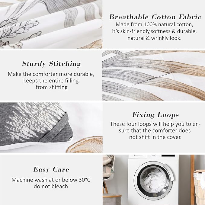ALEISSEL Natural Cotton 3pcs Floral Comforter Sets Queen Size-Gray Comforter with Luxurious Brown Branches and Taupe & Gray Leaves on White, Reversible Lightweight Bedding Sets(Queen)