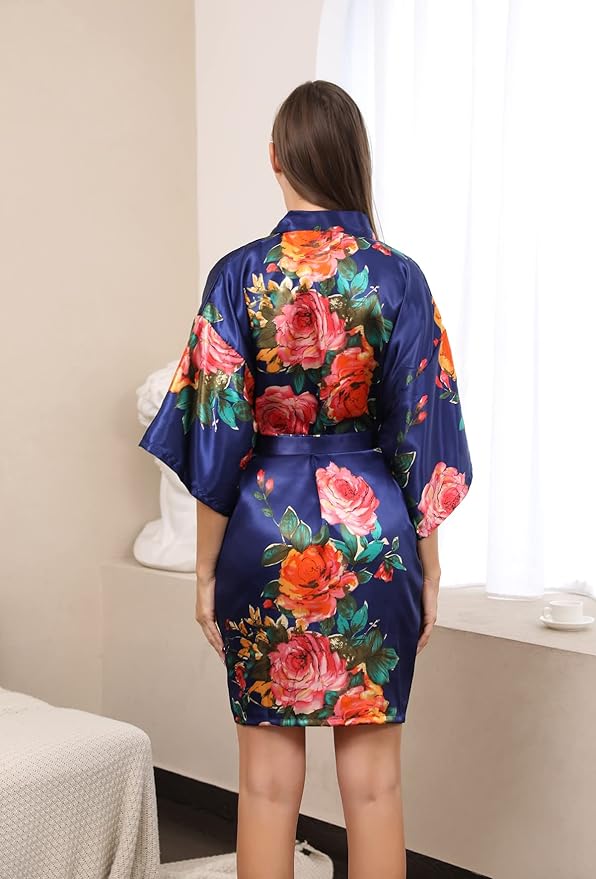 QXQTER Peony Floral Silky Satin Robe Wedding Bridal Party Bride Bridesmaid Robes for Women Dressing Gown Kimono Robe