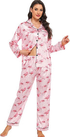 SWOMOG Womens Silk Satin Pajamas Set Long Sleeve Button Down Sleepwear 2 Piece Lounge Set Pj Set XS-3XL
