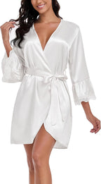 Lace Trim Satin Robes for Women Bride Bridesmaid Silky Kimono Robe Valentines Lingerie with Bell Sleeves
