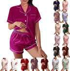 WJing Yi Jia Womens Silk Satin Pajamas Loungewear Two-Piece Sleepwear Button-Down Floral Pj Set XS-4XL